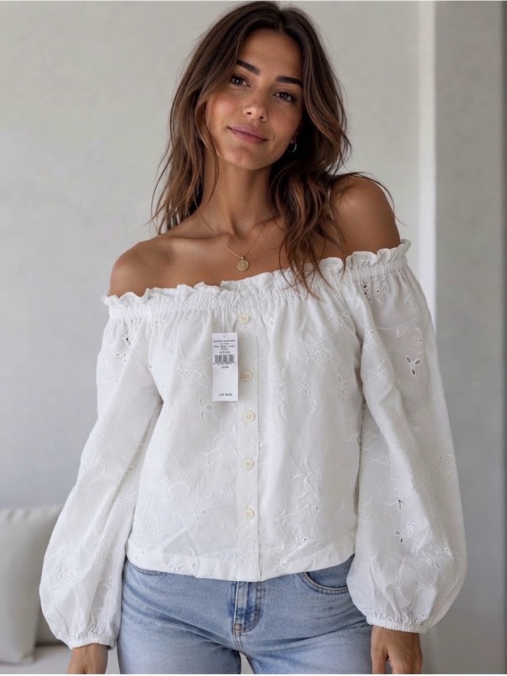 American Eagle Outfitters Off-Shoulder White Eyelet Button Blouse